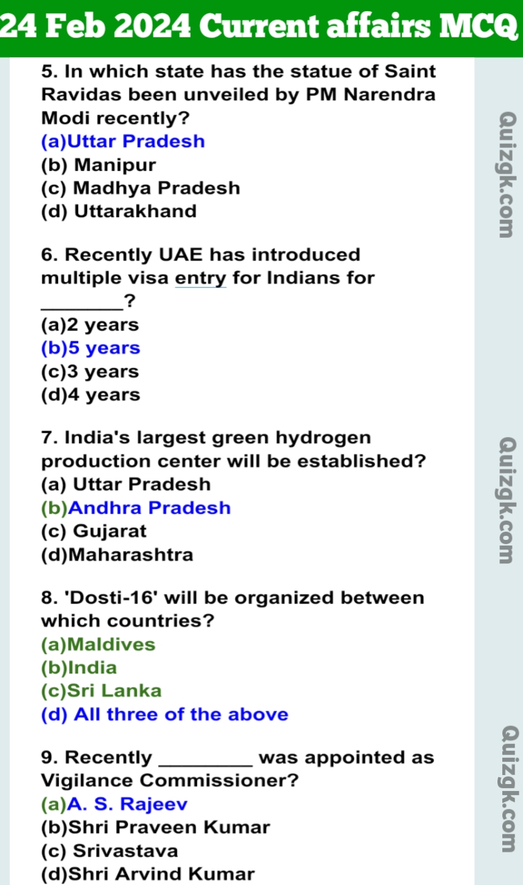 24 February 2024 Daily Current Affairs Questions Answer 
