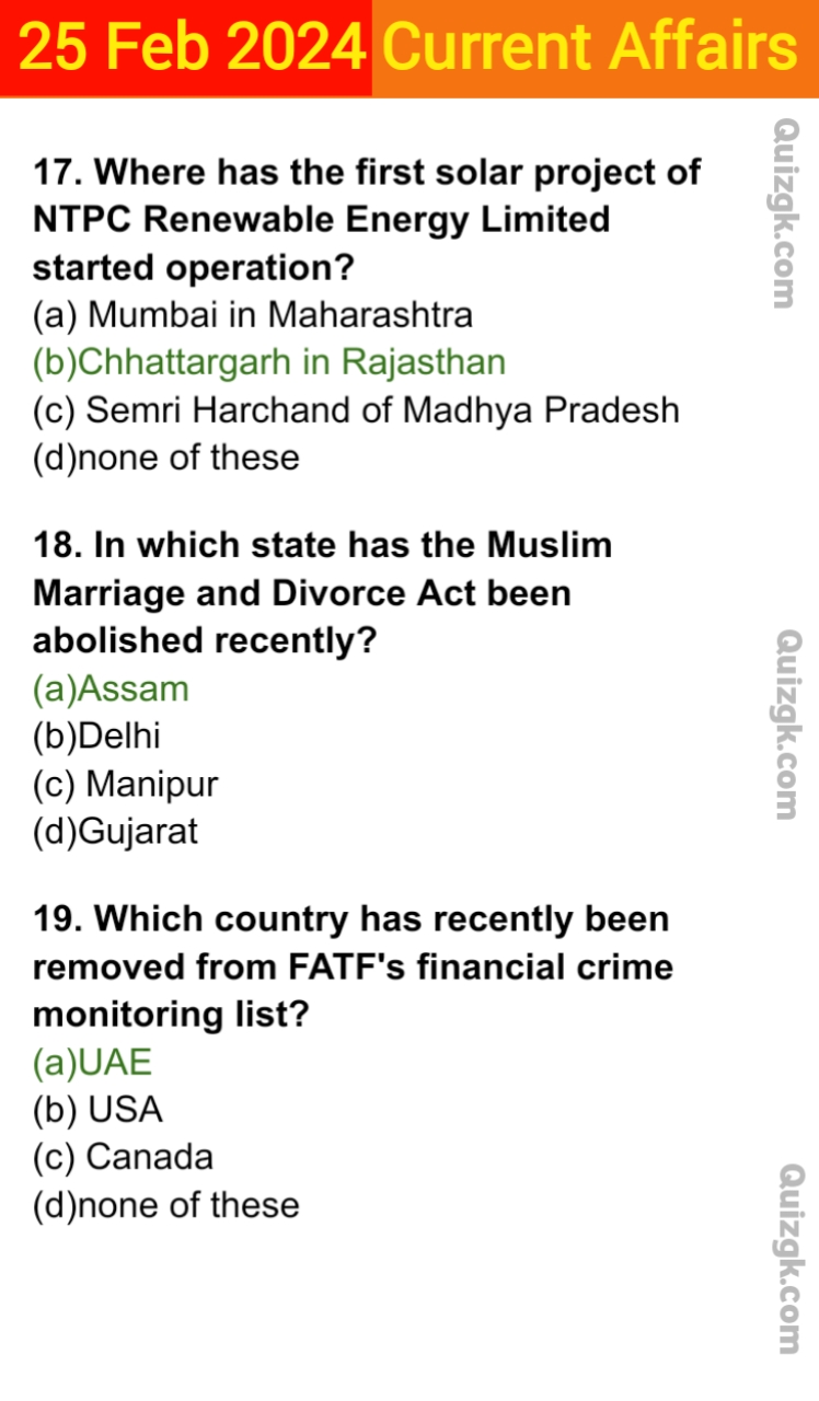25 February 2024 Daily Current Affairs Questions 