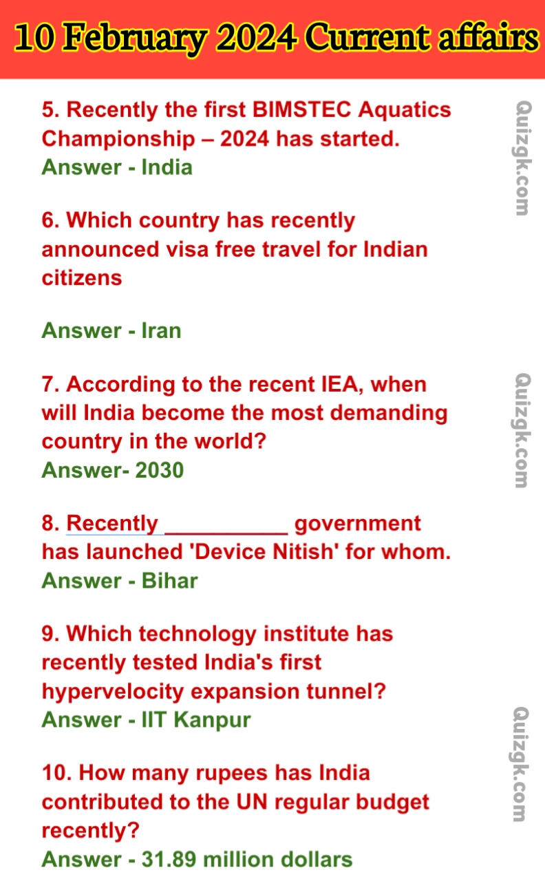 Current affairs 2024 Questions Answer 10 February 