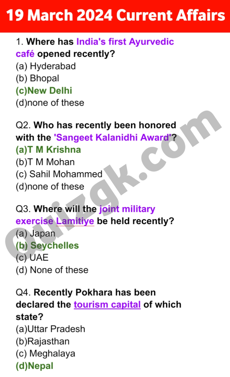 19 March Current Affairs Questions 2024 (TOP 10 MCQs) English 