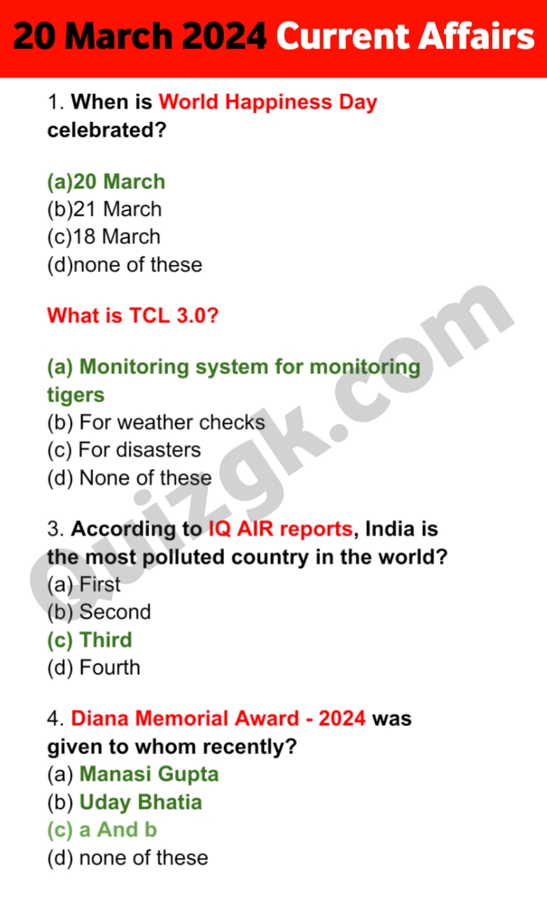 20 March Current Affairs Questions / MCQs 2024 (10 Questions)