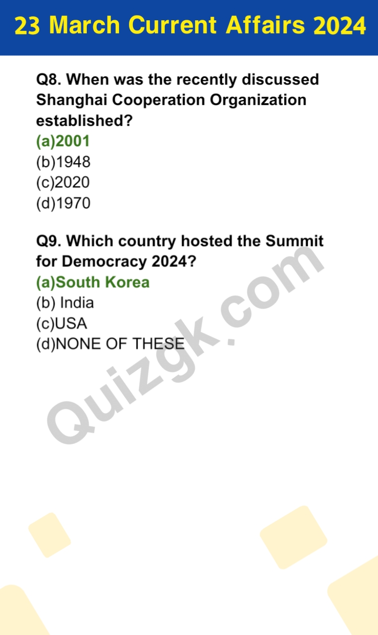 23 March Current Affairs (10 Questions) MCQs 2024