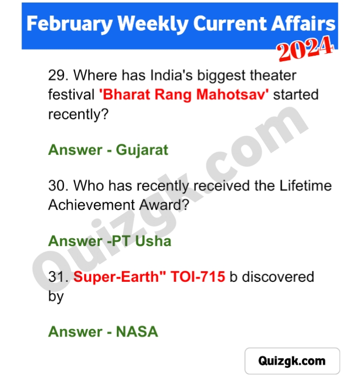 TOP:30 February weekly current affairs 2024 For Compititive exams