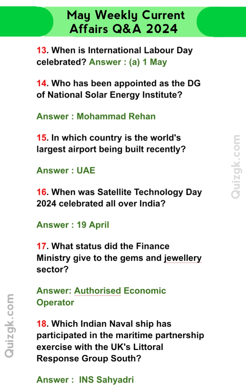 April & May Weekly Current Affairs Questions 2024, UPSC & more Exams