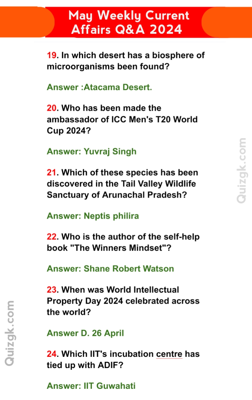 April & May Weekly Current Affairs Questions 2024, UPSC & more Exams