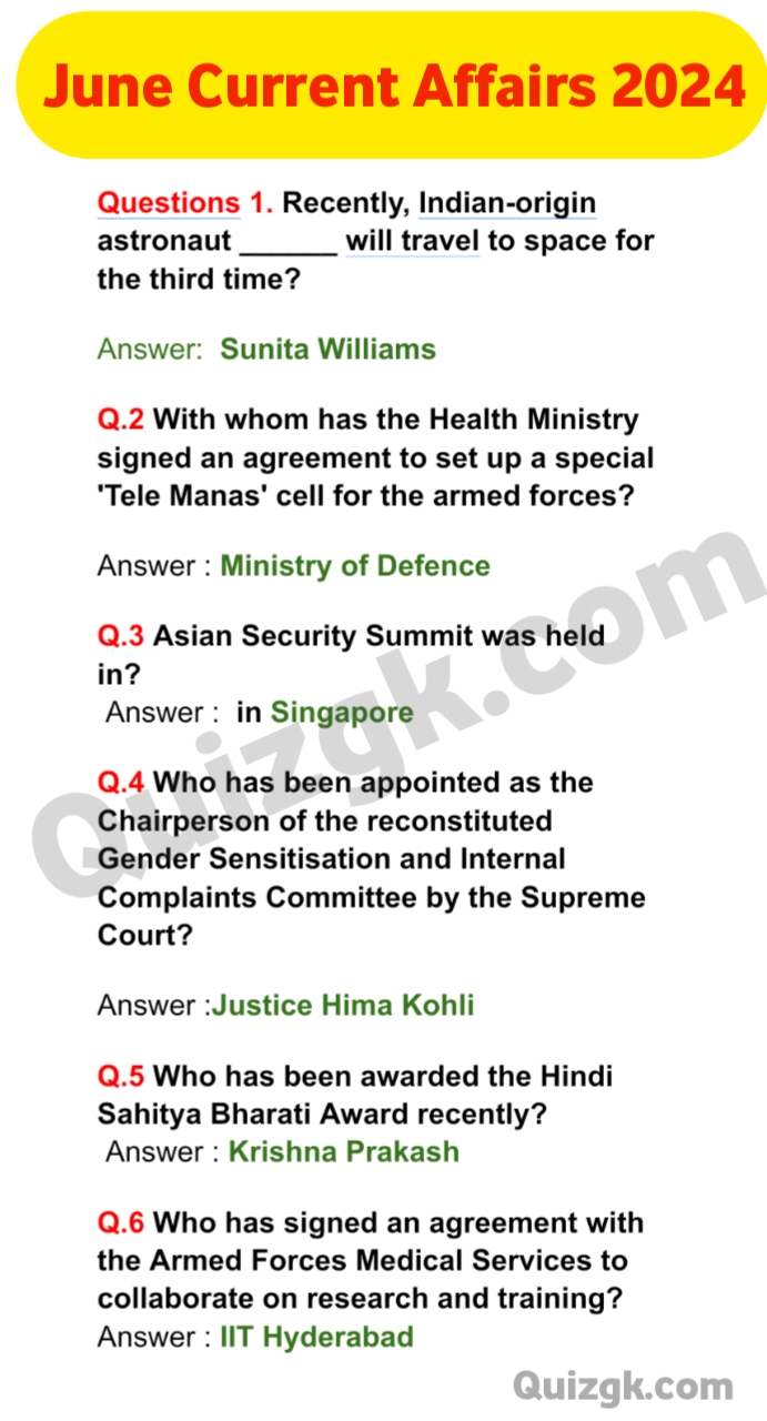 Current Affairs of June 2024 Questions Answer 
