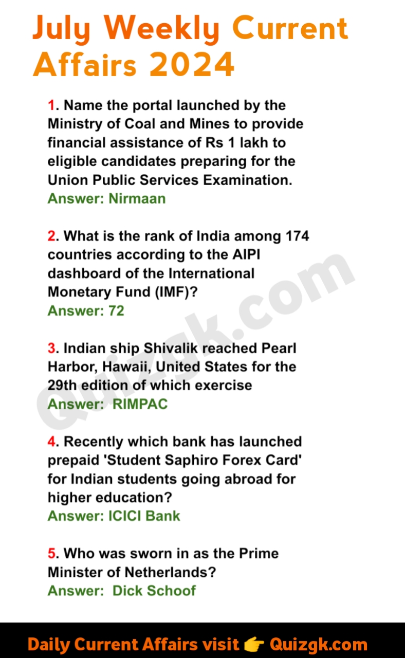 July Weekly Current Affairs 2024 Questions