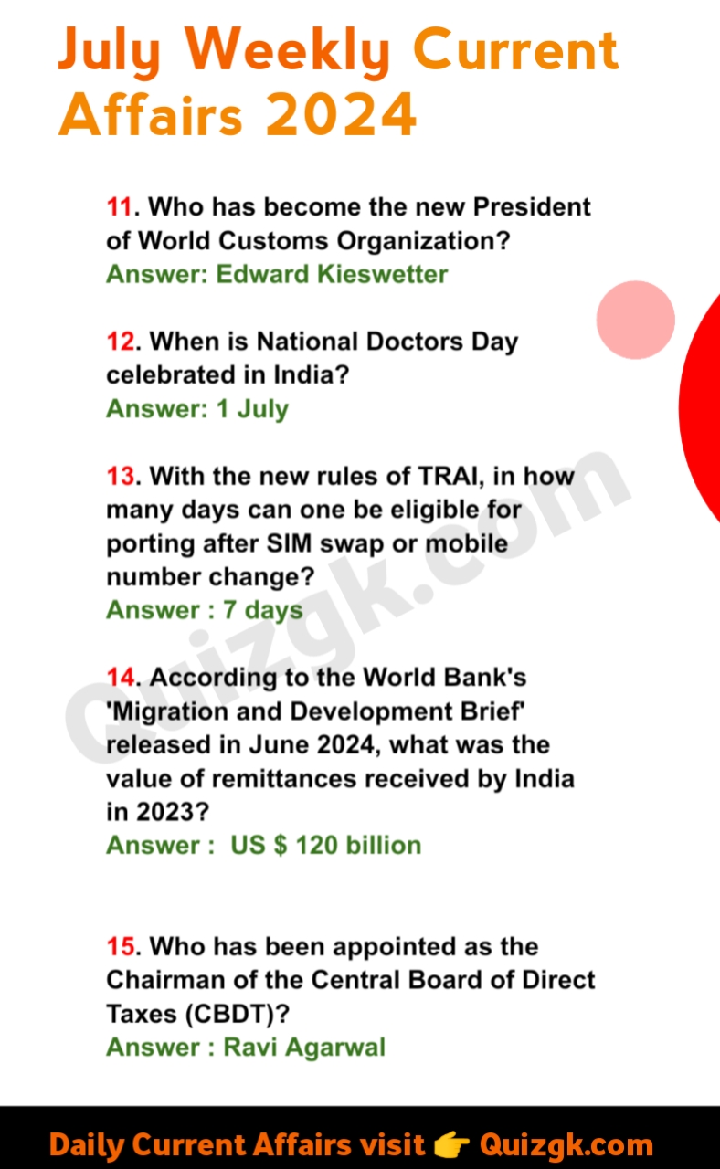 July Weekly Current Affairs 2024 Questions