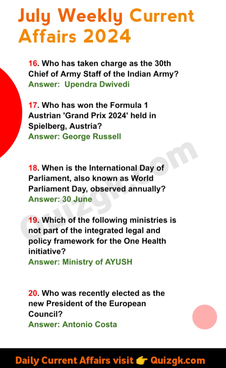 July Weekly Current Affairs 2024 Questions