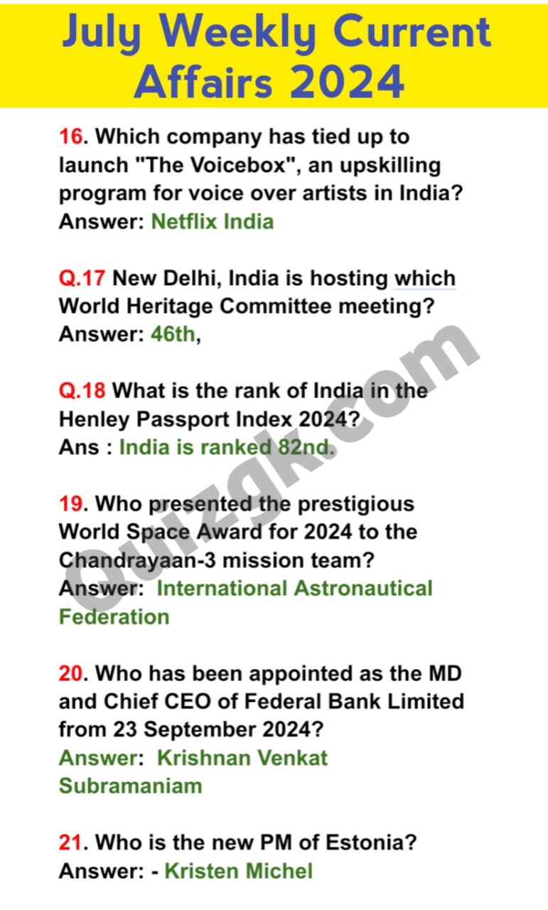 July Weekly Current Affairs MCQs (3rd week ) 2024