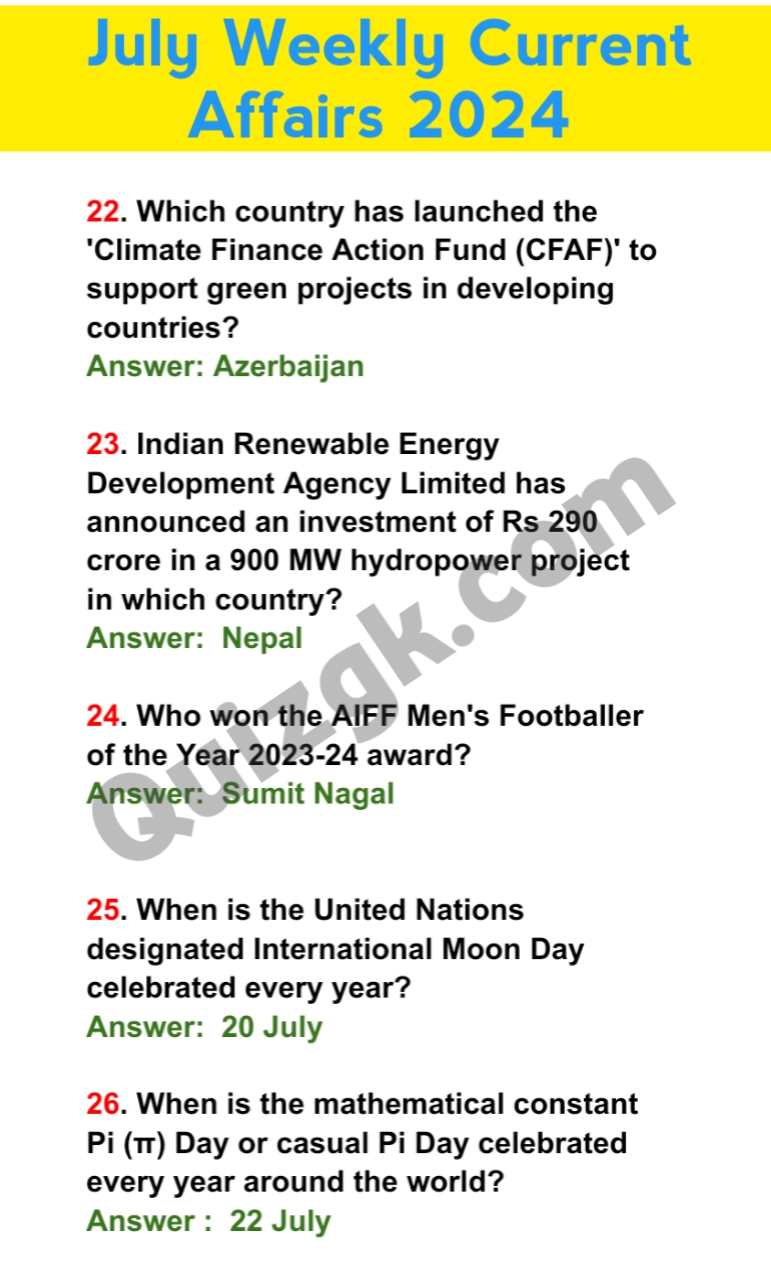 July Weekly Current Affairs MCQs (3rd week ) 2024