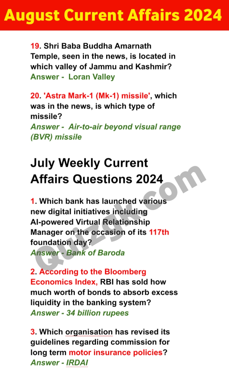 August Weekly Current Affairs MCQs 2024 