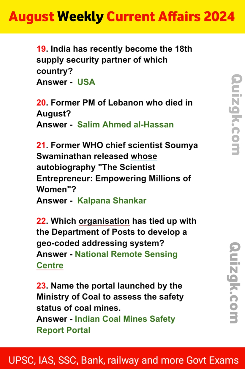 August Weekly Current Affairs Quiz /MCQs 2024 