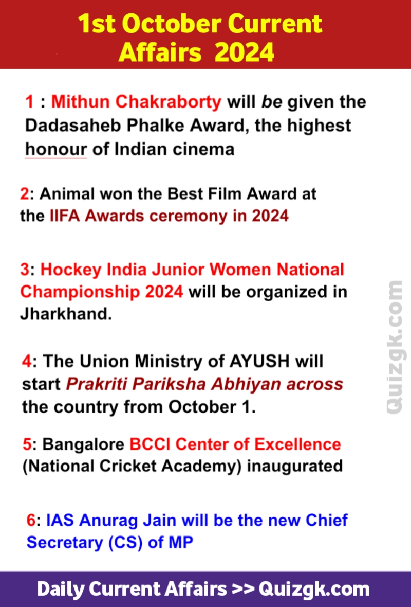 1 October current Affairs 2024 India 