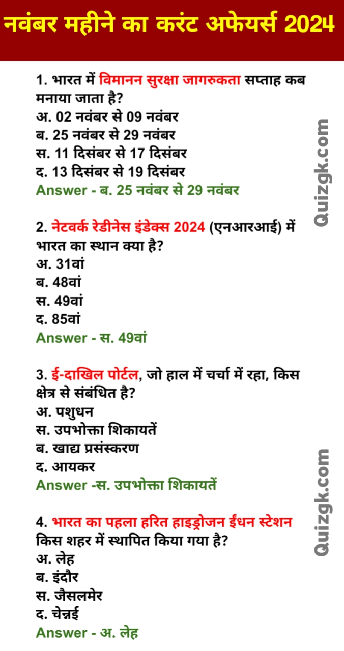 November current affairs Hindi 2024 Questions Answer 